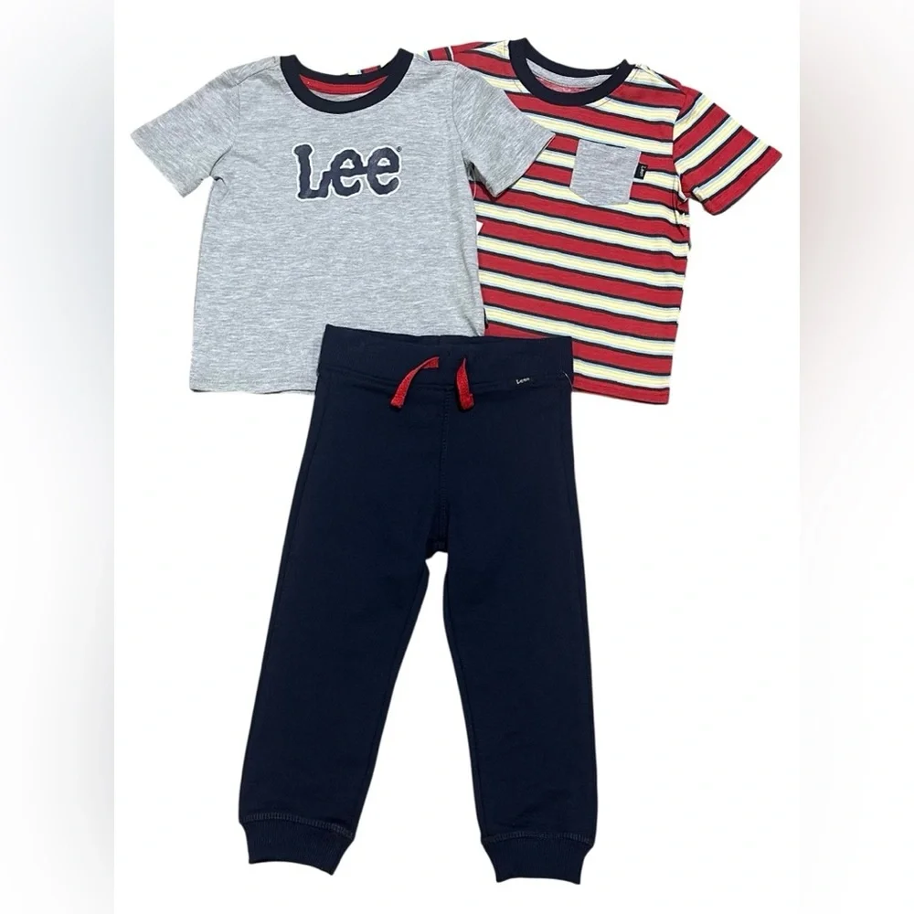 Lee. NWT. 3-Piece Play Outfit in Gray, Navy & Red-Striped.